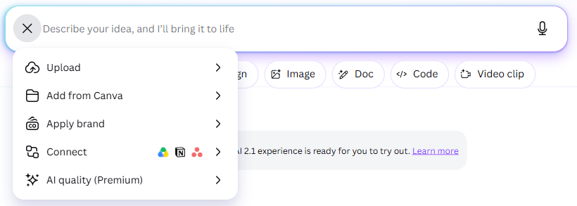 תפריט ה-+ של Canva AI: Upload, Add from Canva, Apply brand, Connect ו-AI quality