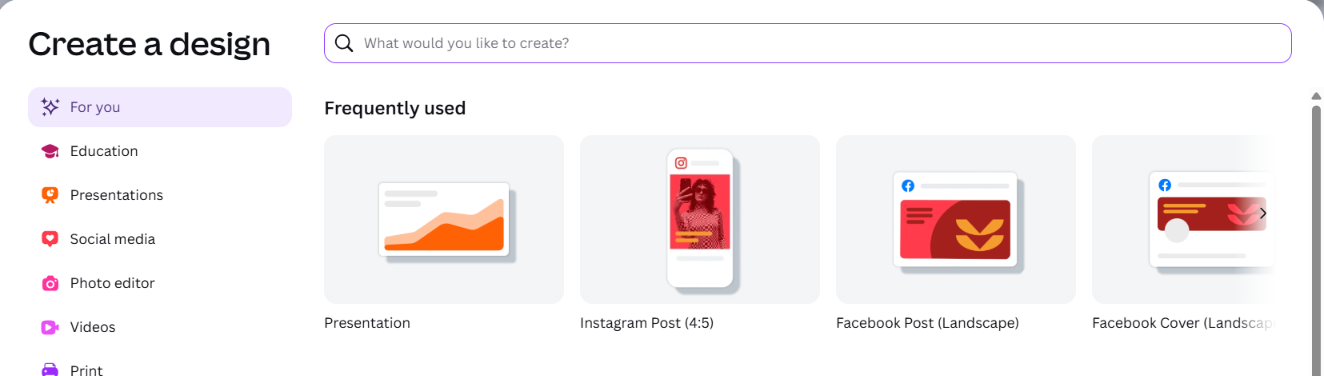 חלון Create a design: תיבת חיפוש למעלה, ואריחים של Presentation ופוסטים