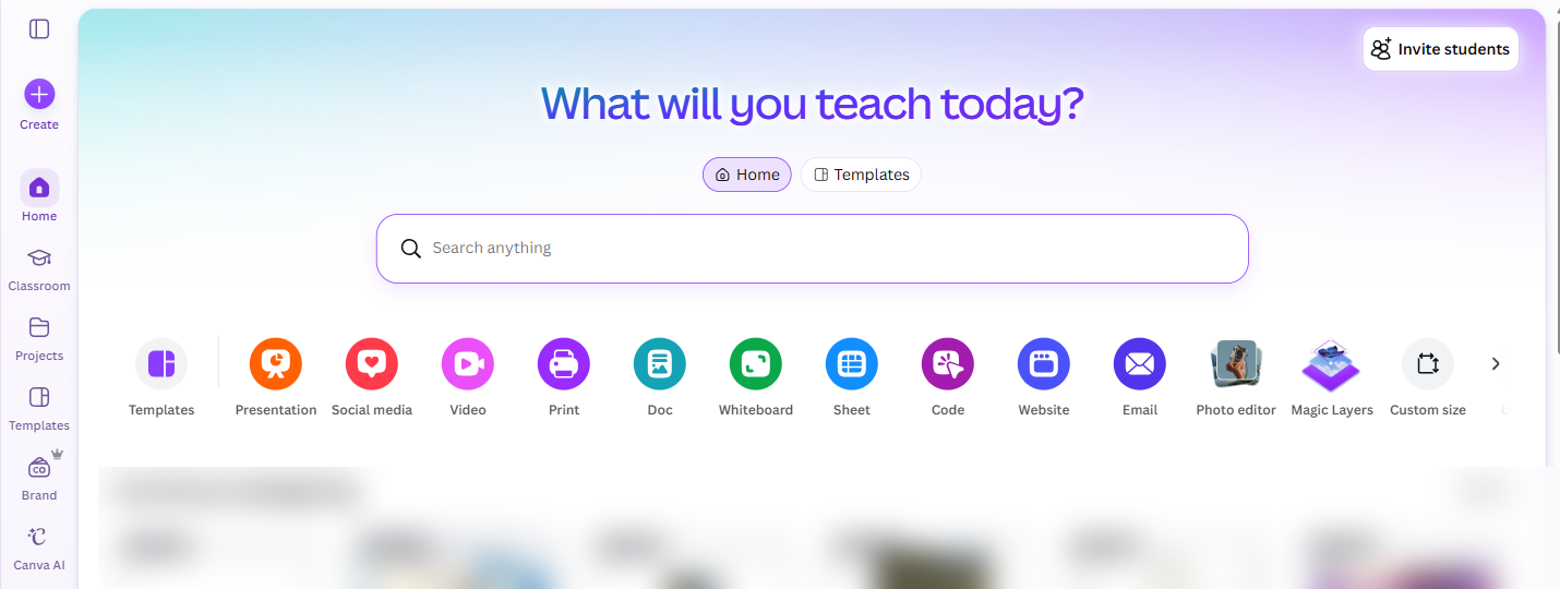 דף הבית של Canva בממשק באנגלית: Create בראש הפס השמאלי, ו-Canva AI בהמשך הפס